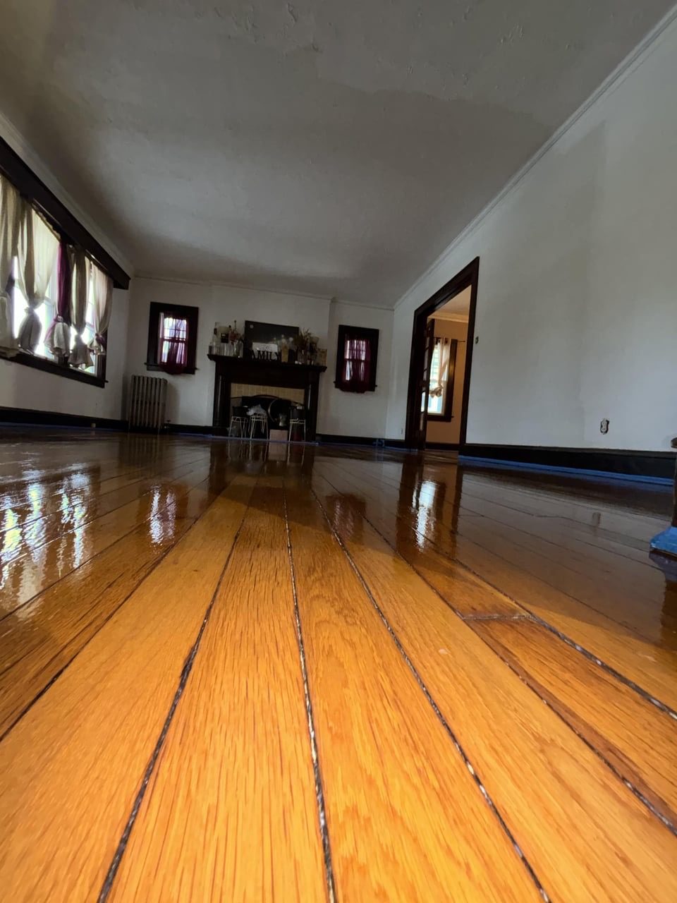 Refinished hardwood with honey tones and dark border detail